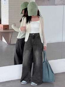 Dazy Kids 少女休闲水洗高腰阔腿牛仔裤 - 淺灰色 - 查看 6