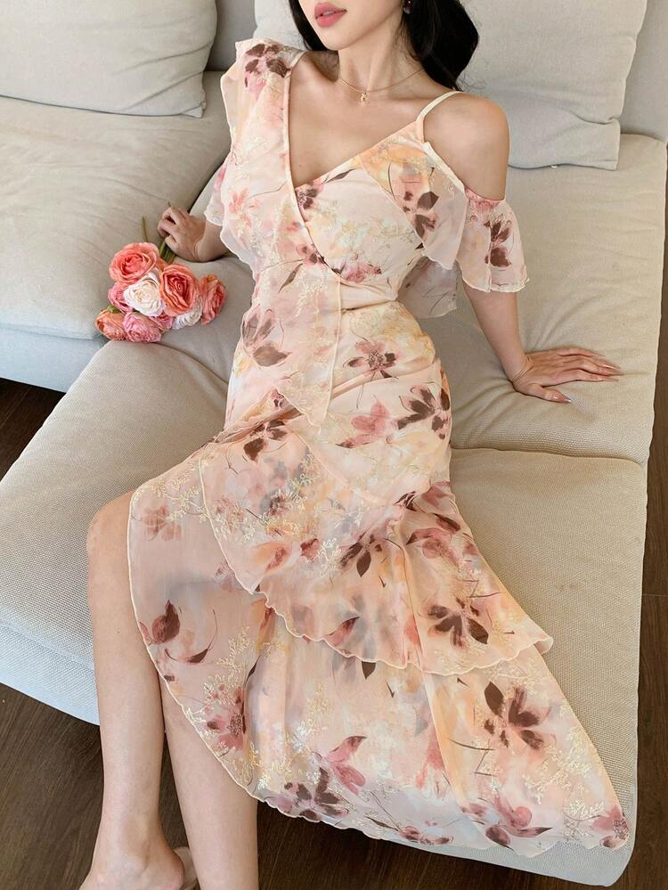 Women's Floral Print Patchwork Ruffle Trim Open Shoulder Elegant Dress Sundress Summer Boho