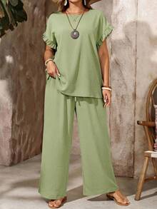 EMERY ROSE 加大码女式荷叶边袖衬衫搭配松紧腰裤套装，黑色，波西米亚休闲风，适合春夏穿着 - 綠色 - 查看 4