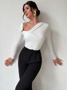 Firerie Women's Asymmetric Shoulder Long Sleeve Wrap Bodysuit,Metal Decor Ruched Waist Slim Fit White Elegant Top,Autumn Night Out Airport Outfit - White - View 8