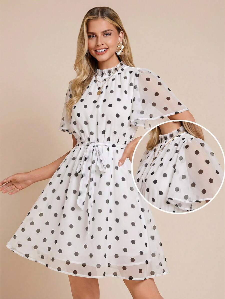 Amorya Women's Polka Dot Print Waist Chiffon Ruffle Hem Cute Mini Dress - White - View 1