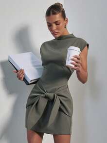 SHEIN Haute Women's Funnel Neck Minimalist Short Dress With Draped Tie - Light Grey - View 1