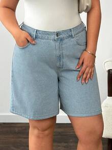 Quần short nữ cạp cao denim mài bạc màu, cỡ lớn. - Rửa nhẹ - Xem 5