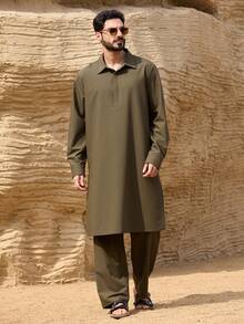 DAZY Men's Spring Military Green Robe Shirt And Pants Set - Army Green - View 3