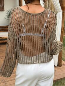 DAZY 女士圆领镂空长袖透视针织上衣 - 綠色 - 查看 3