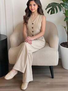 SHEIN طقم سترة وبنطلون كاجوال للتنقل اليومي للفتيات المراهقات في الربيع/الصيف - كاكي - مشاهدة 6