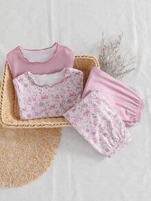 Baby Girls' Ditsy Floral Ribbed Fabric Short Sleeve Pajama Set With Ruffle Hem, Dusty Rose Floral Pajama Set Girls Sleepwear Girls Pajama Set - Dusty Pink - View 4