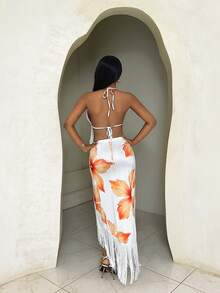 BamGleam 女士露背系带花卉印花流苏设计休闲度假约会外出中长连衣裙 - 彩色 - 查看 2