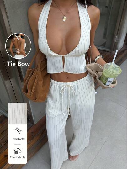 FavEase طقم ملابس علوية حريمي كاجوال بياقة عميقة على شكل V وظهر مكشوف مع بنطلون ذو خصر منخفض وربطة خصر مستقيم الساق مكون من قطعتين