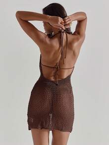 MUSERA Crochet Cowl Neck Backless Mini Dress Cover Up Beachwear Summer Solid Colour Holiday Sexy Vacation Spring - Coffee Brown - View 2