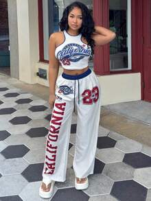 Alexandranx 2 件女士休闲街头风格数字和字母印花紧身吊带背心和宽松裤子套装，适合街头时尚 - 彩色 - 查看 4