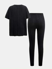 SHEIN 少女黑色罗纹T恤和裤子套装 - 黑色 - 查看 2