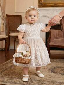 Souflis Souflis 女婴花卉刺绣网纱荷叶边领短袖连衣裙 - 杏色 - 查看 1