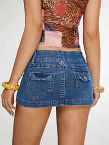 SHEIN PETITE Váy ngắn denim nhiều túi thời trang mùa hè dành cho nữ - Rửa trung bình - Xem 2