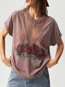 Bohemela Camiseta de cuello redondo de punto de unicolor estilo occidental lavada para mujer, verano - Marrón - Ver 4