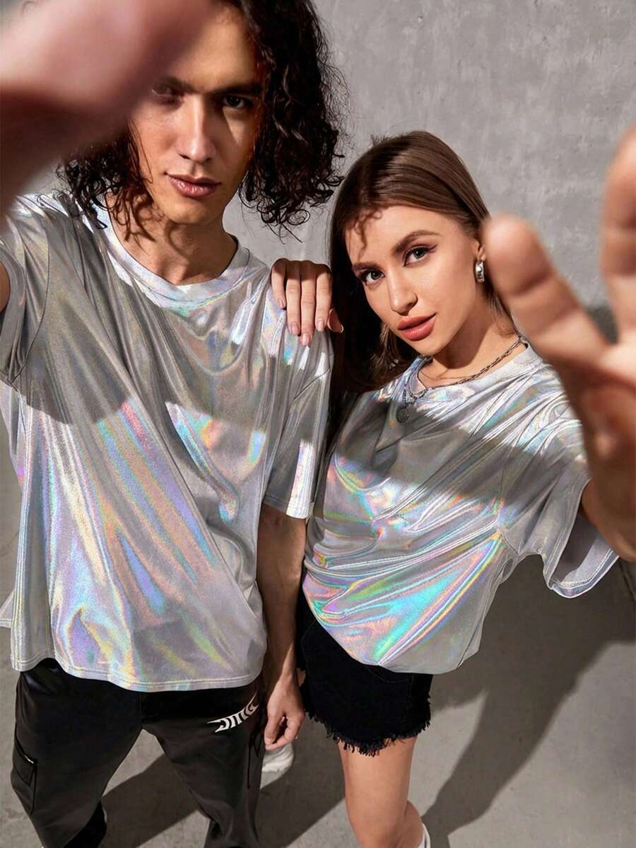 Manfinity Unisex 1 Stück Oversized holografisches T-Shirt mit Dropped Shoulder - Silber - Übersicht 1