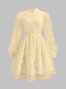 Teen Girl Elegant Elegant Luxurious White Lace Lantern Sleeve Long Sleeve Waist Snug Fit Gorgeous Ruffle Puff Dress For Teenage Girls - Apricot - View 8