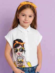 Emery Rose Kids Young Girl Cute Girl Pattern Casual Woven Shirt - White - View 4