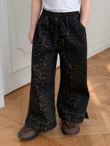Dazy Kids Young Girl Casual Washed Leopard Print Wide Leg Jeans - Brown - View 4