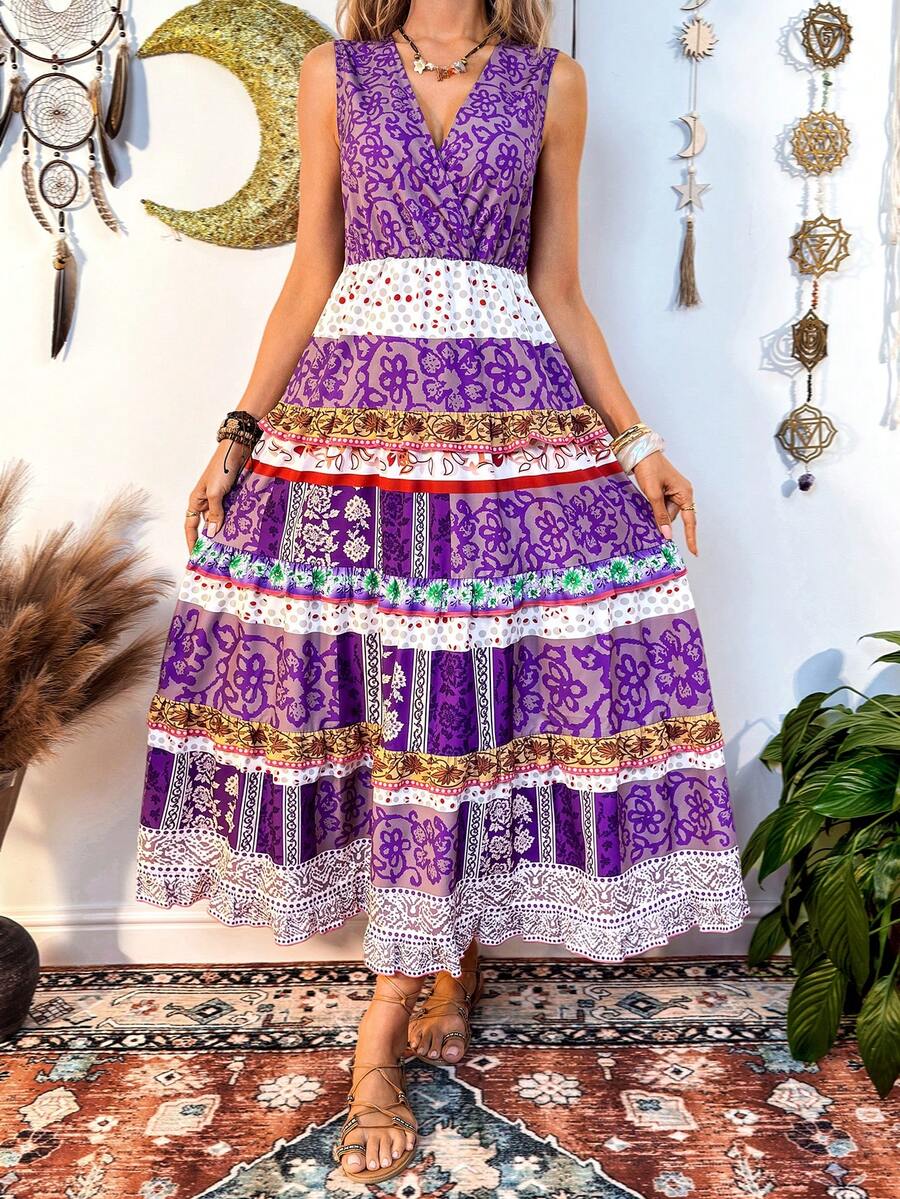 紫色波西米亚风印花无袖连衣裙，度假风长裙 - 彩色 - 查看 1