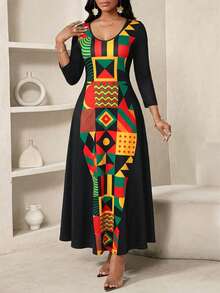 SHEIN Lady Đầm dài nữ cổ tròn in họa tiết hình học, thắt eo thanh lịch, thích hợp cho các buổi hẹn hò và tiệc tùng. - màu đen - Xem 5