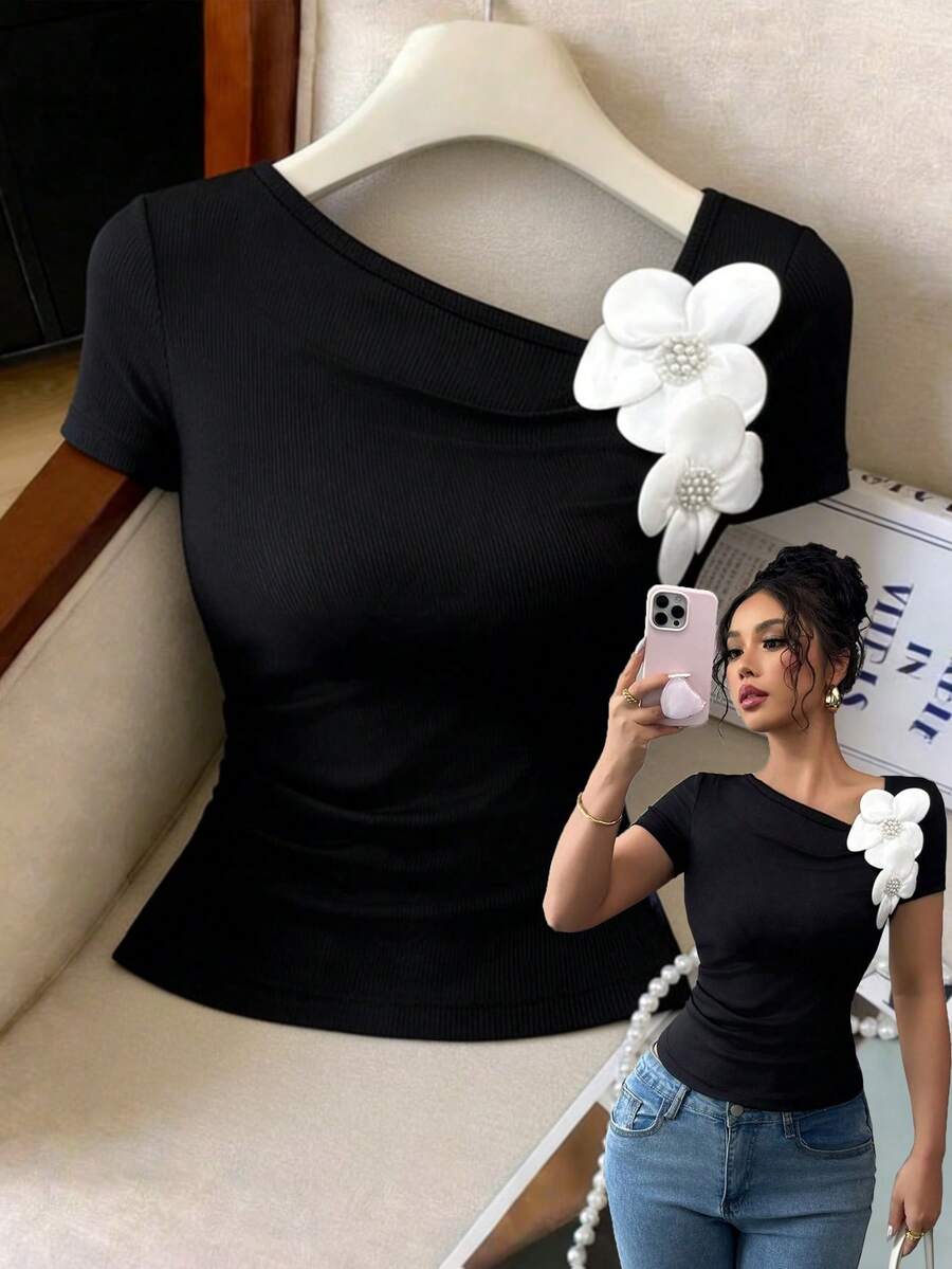 Elenzga Áo thun ngắn tay dáng ôm xếp ly, thiết kế hoa văn tinh tế, thanh lịch, thích hợp cho kỳ nghỉ, lễ hội âm nhạc và đi làm, hàng mới về mùa Xuân/Hè. - màu đen - Xem 1