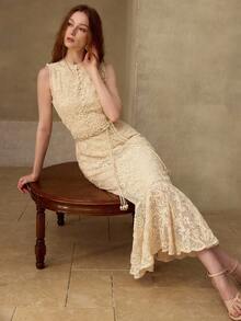 MOTF PREMIUM 时尚花卉优雅美人鱼下摆中长连衣裙 - 杏色 - 查看 4