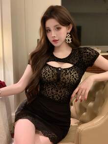 Blusa de manga corta con estampado floral transparente de rosa para el Día de San Valentín, top corto para mujer para salir - Negro 6 - Ver 9