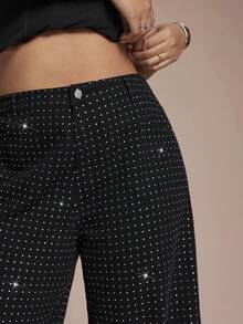 SHEIN Tall CURVE Pantaloni larghi neri con vita alta, decorati con cristalli, adatti per donna curvy, per occasioni casual, feste, matrimoni e compleanni - nero - Visualizzare 6