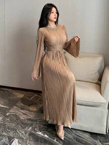 DAZY Đầm maxi nữ thanh lịch, màu trơn, xếp ly, eo, thích hợp cho công sở. - Màu Khaki - Xem 4