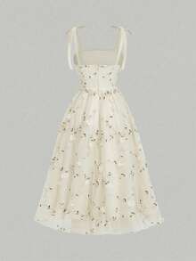 SHEIN MOD Đầm hai dây lưới phối họa tiết thêu hoa dành cho nữ - Màu be - Xem 3