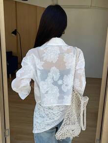 DAZY 女士翻领纹理印花薄纱宽松短款休闲外套 - 白色 - 查看 6