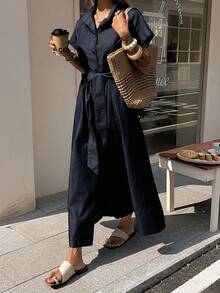 DAZY 女士短袖单排扣休闲牛仔连衣裙 - 藍色 - 查看 4