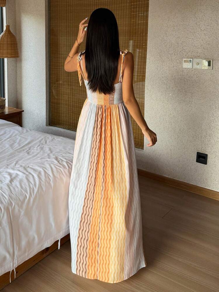 Summer Vacation Wave Striped Spaghetti Strap Camisole Waist Maxi Nightgown For Women