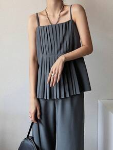 FRIFUL Women's Camisole Top With Pleated Waist & Elastic Waist Pants 2 Pieces Set - Grey - View 5