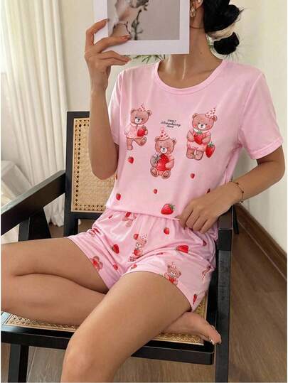 2pcs/Set Girls Bear Print Shorts And Short Sleeve Top, Casual Loungewear