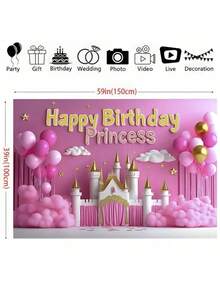 1件优雅公主主题摄影背景布，涤纶粉色城堡童话背景布，专业摄影道具，适用于生日、奇幻派对和梦幻般的庆祝活动 - 黑色 - 查看 5