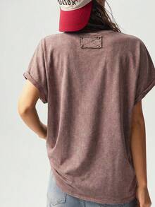 Bohemela Camiseta de cuello redondo de punto de unicolor estilo occidental lavada para mujer, verano - Marrón - Ver 2