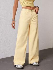 Jeanoix Quần jeans ống rộng nữ có túi và cúc, kiểu dáng thường ngày, đa năng. - Màu vàng - Xem 5