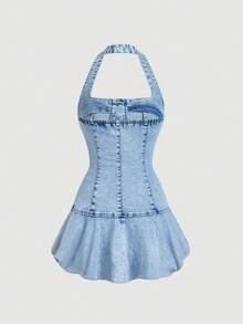 Sweetra 时尚休闲女式单排扣露背牛仔连衣裙 - 藍色 - 查看 2