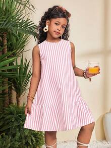 SHEIN Đầm dáng chữ A không tay, cổ tròn, dệt kim, cổ điển, retro, phối họa tiết sọc, dành cho bé gái tuổi teen, màu hồng, thích hợp mặc đi nghỉ mát. - Hồng - Xem 4