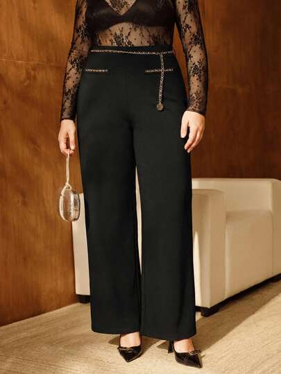 Anewsta Plus Size Women's Elegant Straight-Leg Pants With Handmade Chain, Comes With Chain Belt