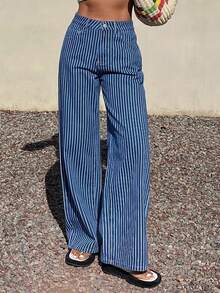 DAZY 休闲水洗条纹阔腿女式牛仔裤 - 中等水洗藍 - 查看 6