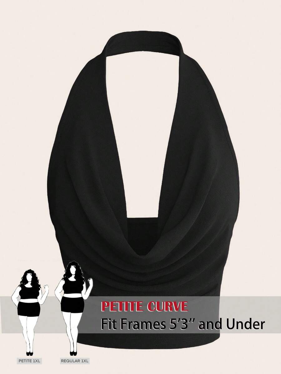 SHEIN PETITE CURVE Áo hai dây cổ yếm màu trơn dành cho nữ cỡ lớn - màu đen - Xem 1