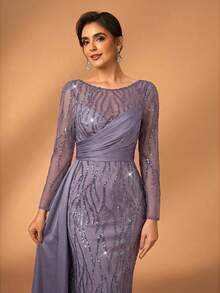 Serin 优雅奢华的串珠亮片花卉拼接弹力缎面薄纱长袖鱼尾连衣裙，适合婚礼、派对、度假、舞会、新娘母亲晚礼服 - 淺灰紫 - 查看 1