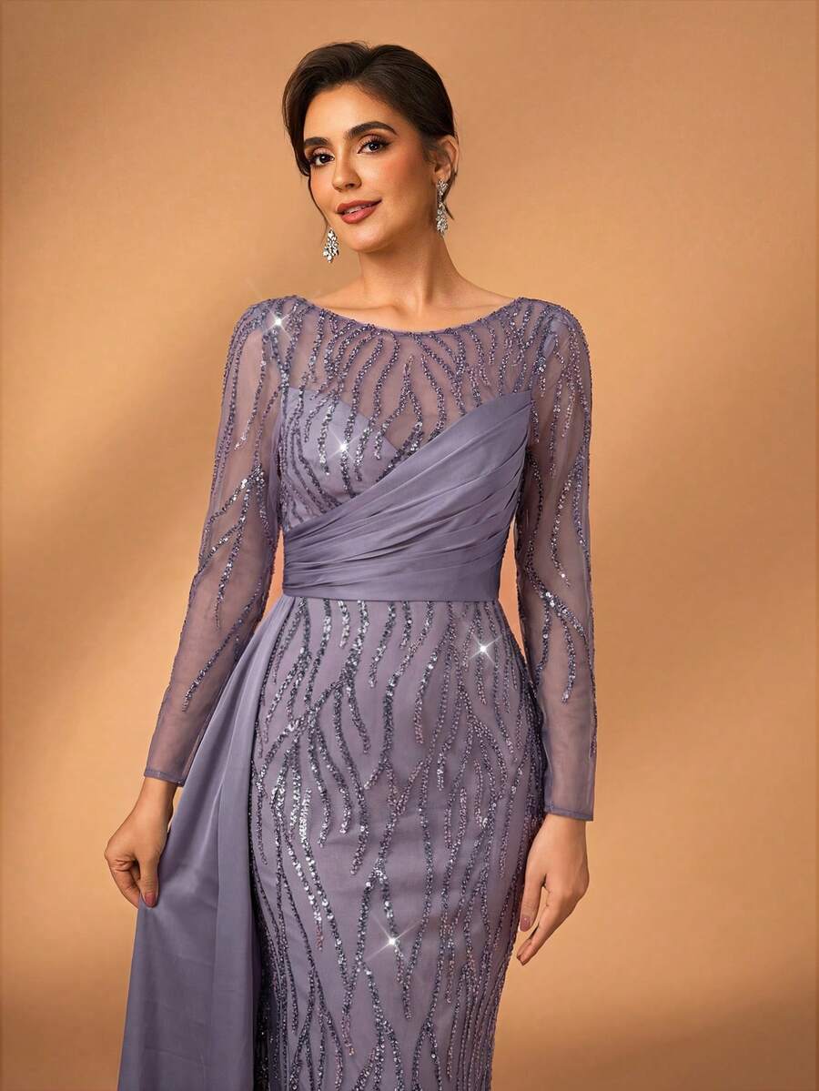 Serin 优雅奢华的串珠亮片花卉拼接弹力缎面薄纱长袖鱼尾连衣裙，适合婚礼、派对、度假、舞会、新娘母亲晚礼服 - 淺灰紫 - 查看 1