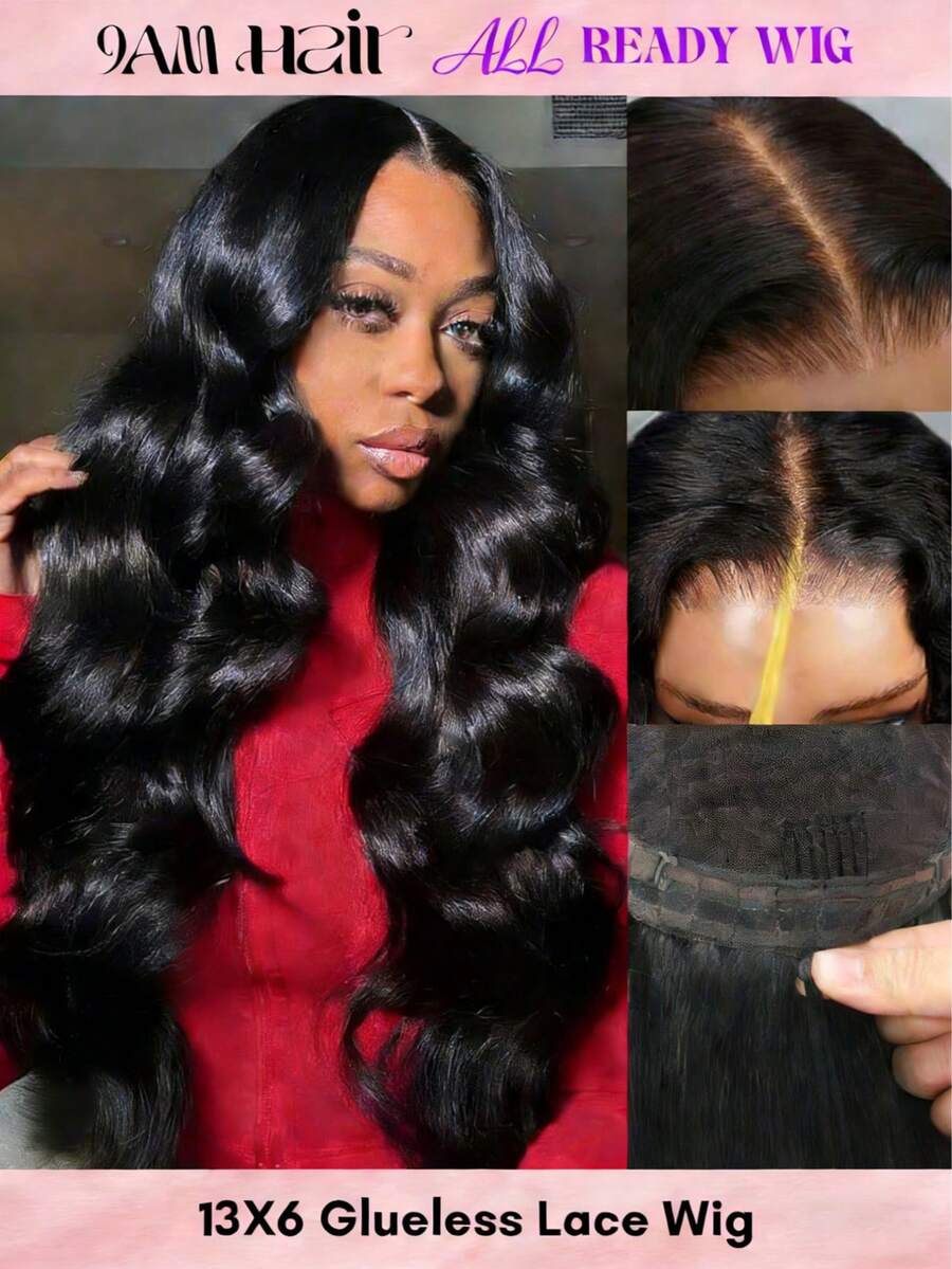 ALL READY WIG 13*6 Wear&Go Glueless Body Wave Remy Human Hair Wig Pre- Plucked Bleached Knots Pre-Cut Transparent Lace Closure Wigs 180% Density - SNatural - View 1
