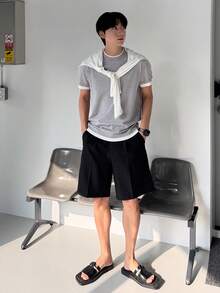 DAZY 男士修身灰色短袖针织上衣，夏季 - 杏色 - 查看 5