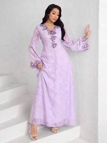 Al Najma 粉色长袖V领刺绣花卉边饰优雅喇叭裙摆女式连衣裙 - 紫色 - 查看 5