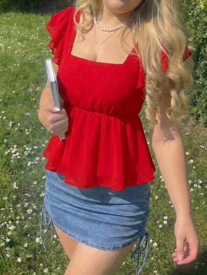 SHEIN MOD Plus Size Red Cap Sleeve Cute Double Layer Blouse, Loose Fit Women Top.Plus Size Red Peplum Top Square Neck Ruffled Sleeves Lightweight Sheer Fabric Flowing Hem Back Tie Detail Soft Touch Elegant Style Romantic Design Short Sleeve Classic Fit Flared Silhouette Delicate Texture Comfortable Wear Vibrant Color Casual Look Sweet Appearance Square Neck Tops